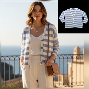 Talbots Cardigan Sweater Baby Blue White Stripe Light Knit Beachy Preppy 1X NWOT